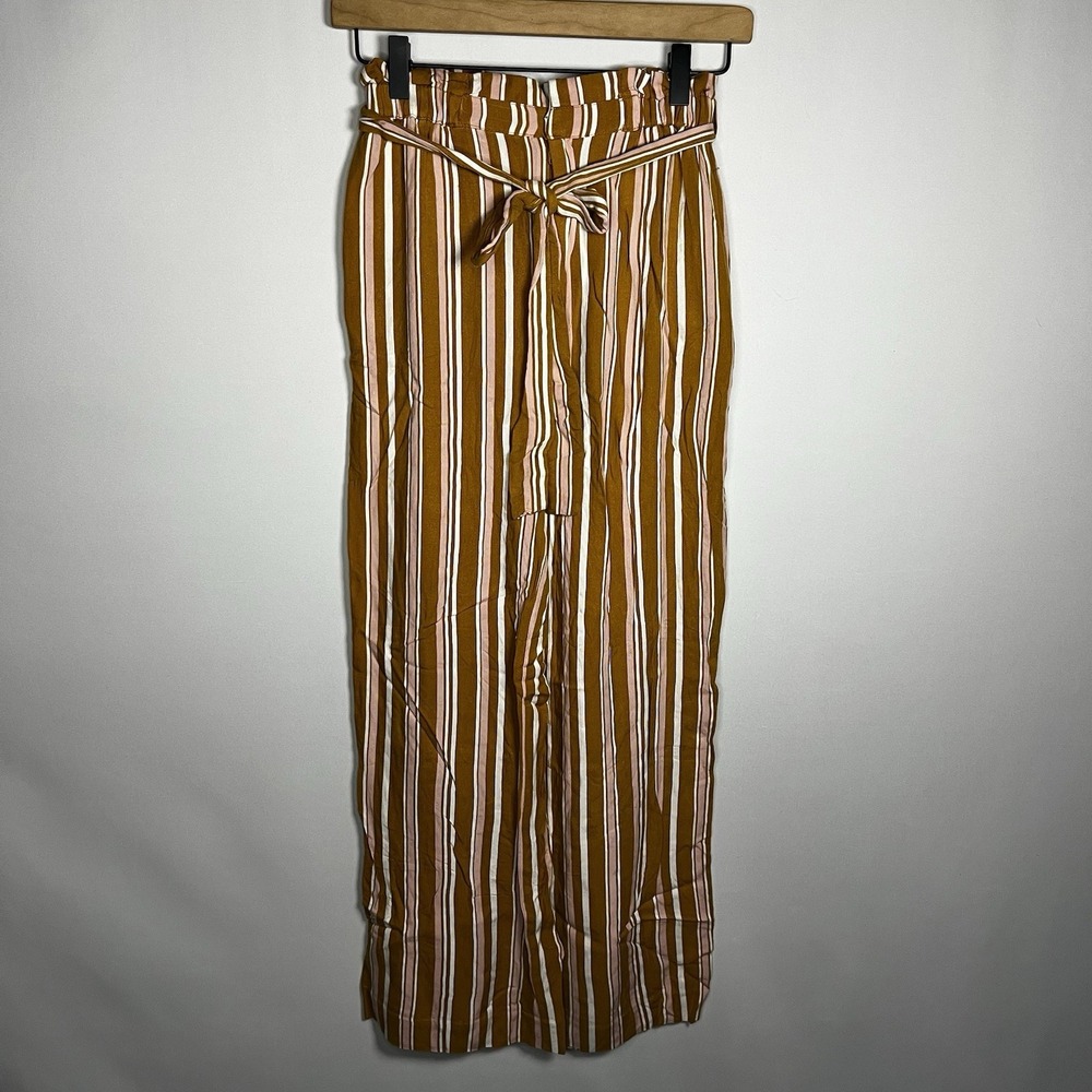 Forever 21 Pants Women Size XS Stripe Belted Elastic Waist Wide Leg Zip Fly